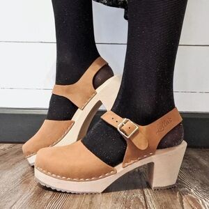 Excellent Condition Brown Leather Nubuck Highwood Clogs by Lotta From Stockholm